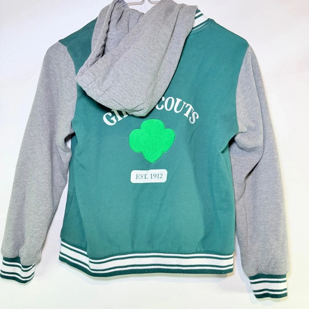 Girl Scouts Varsity‎ Hooded Jacket Green Grey Snap Front Girls Medium 10/12